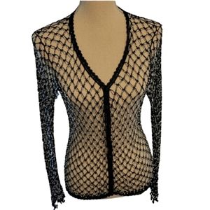 (A) Vintage silver colored black Beaded Crochet Cardigan size medium